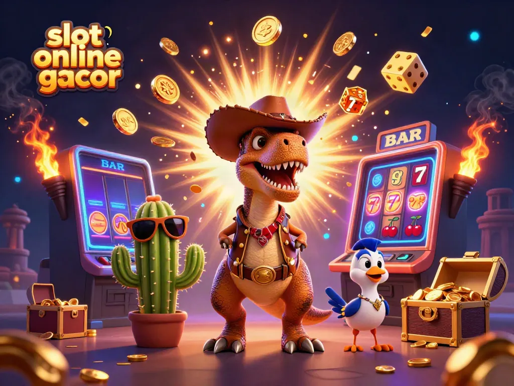 Menangkan jackpot di slot online gacor dengan ilustrasi tiga karakter unik dan mesin slot megah.