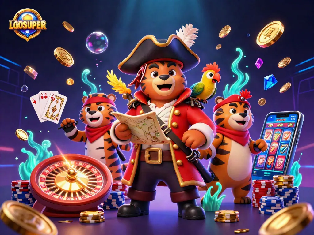 LGOSUPER invites players to spin and win in a lively casino adventure scene filled with treasures.