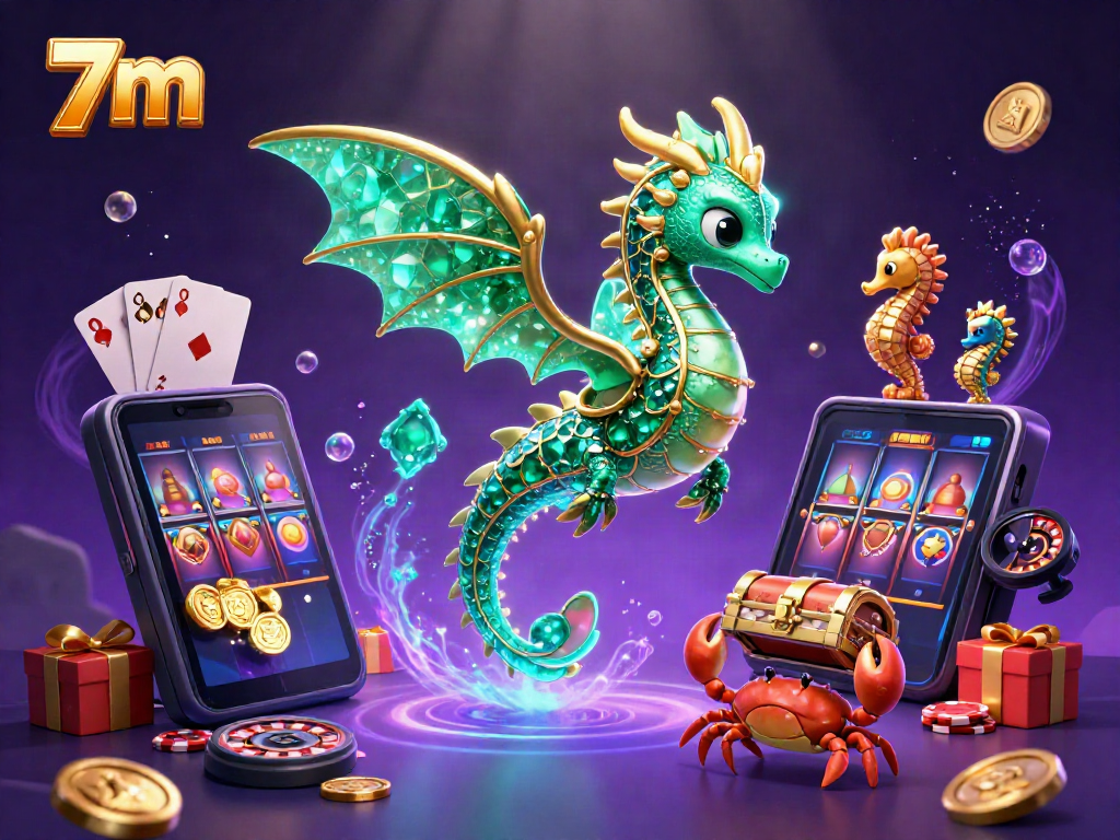 Experience the thrill of 7m as a majestic sea dragon guards treasures, surrounded by vibrant casino elements.