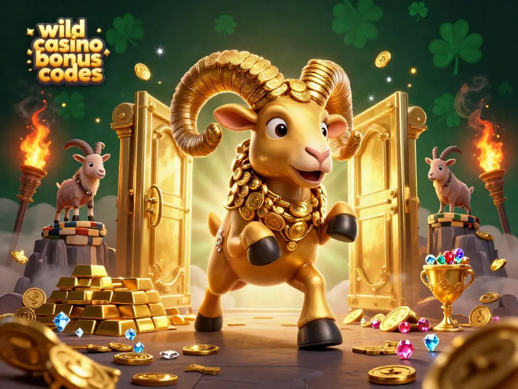 Experience wild casino bonus codes with a dynamic golden ram charging towards treasure in a vibrant 3D scene.