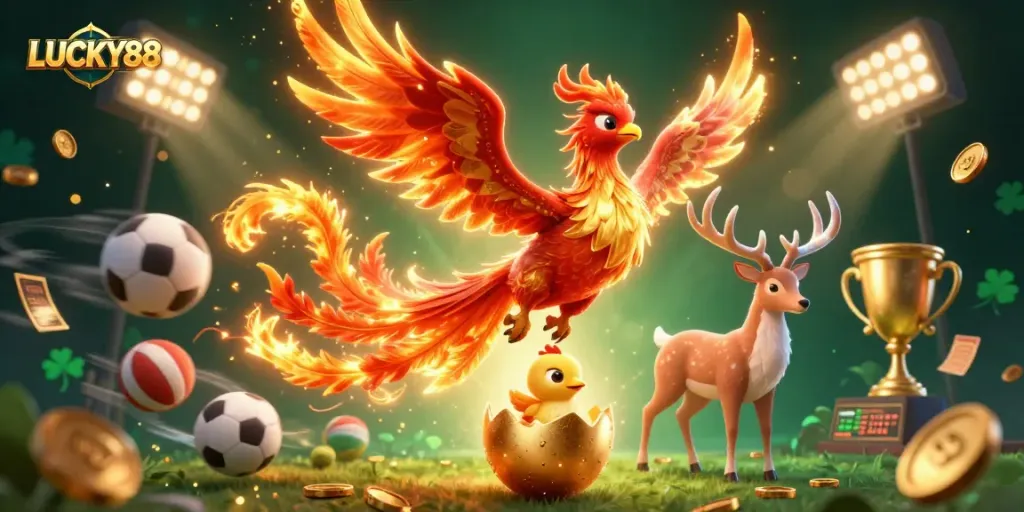 Engage with LUCKY88 casino through exciting gaming experiences, featuring vibrant characters and sports elements.