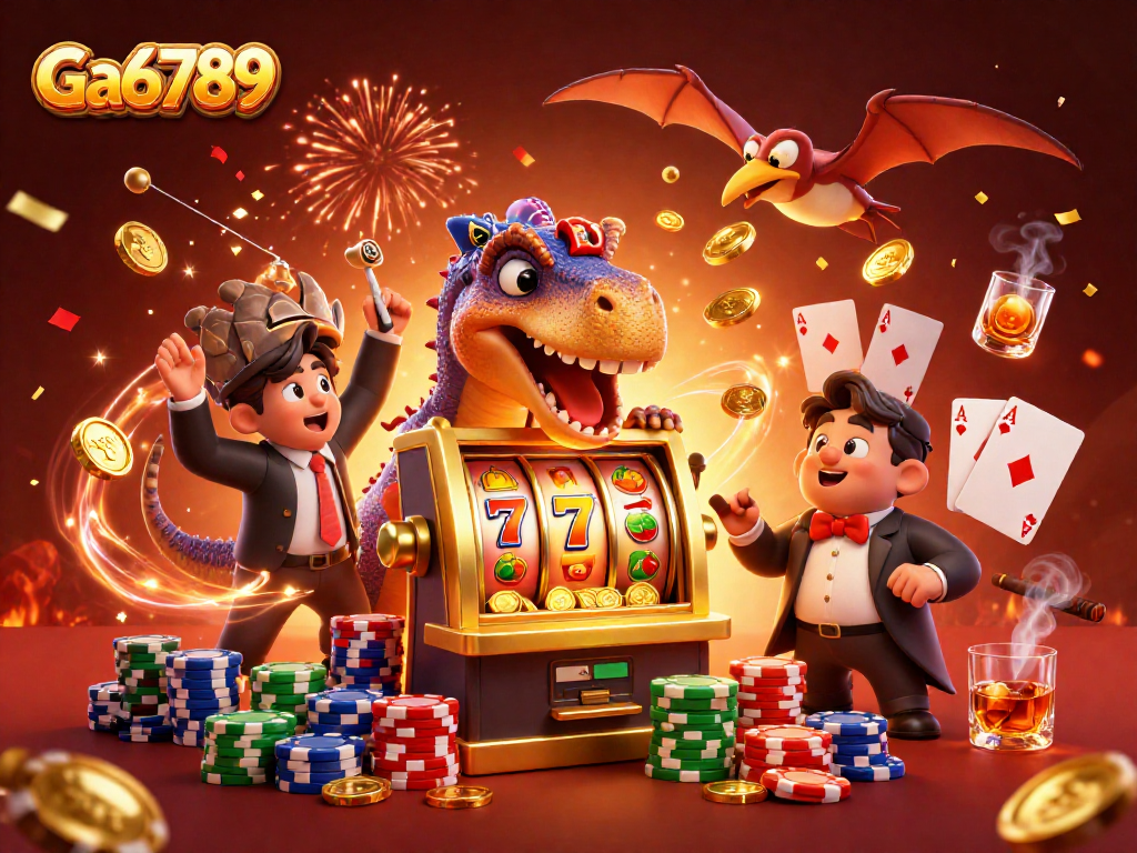 Ga6789 captures a pachycephalosaurus hitting a slot machine with golden coins flying.