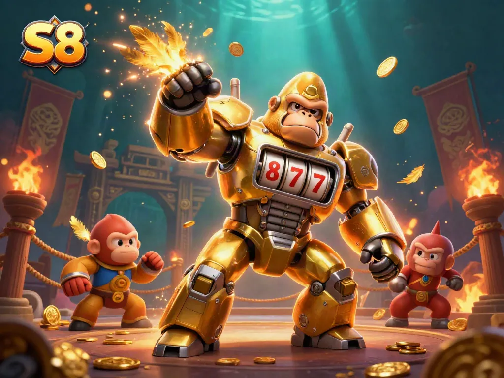 Engage with the S8 golden gorilla mech launching coins in a vibrant casino setting