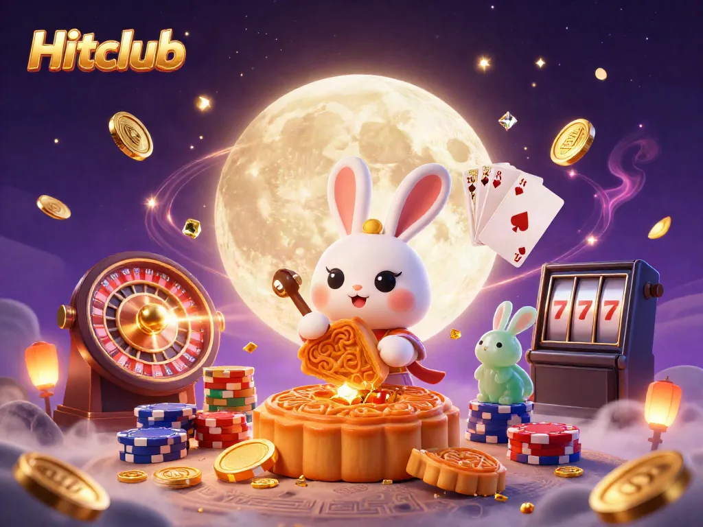 Hitclub offers a vibrant 3D casino illustration with cartoon characters celebrating jackpot wins and lunar festivities.