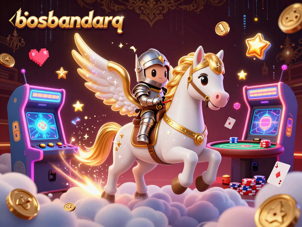 Experience thrill with bosbandarq as a knight rides a celestial horse through a vibrant casino world.