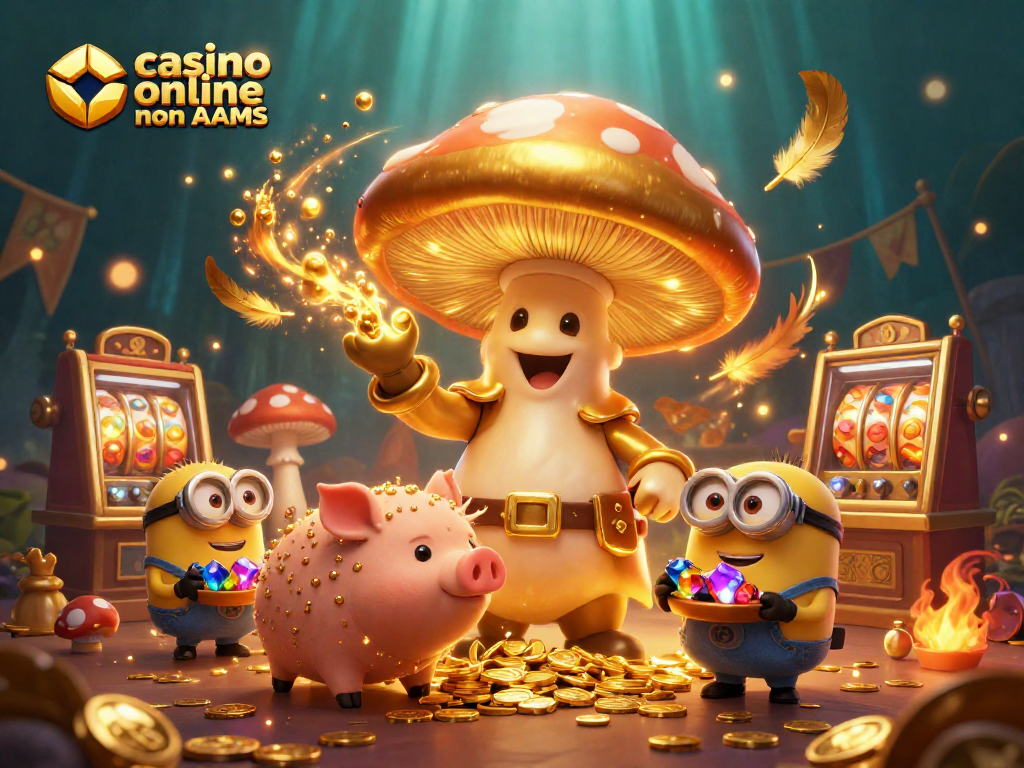 Scopri il mondo dei casino online non AAMS con il mago fungo dorato e simboli di gioco.