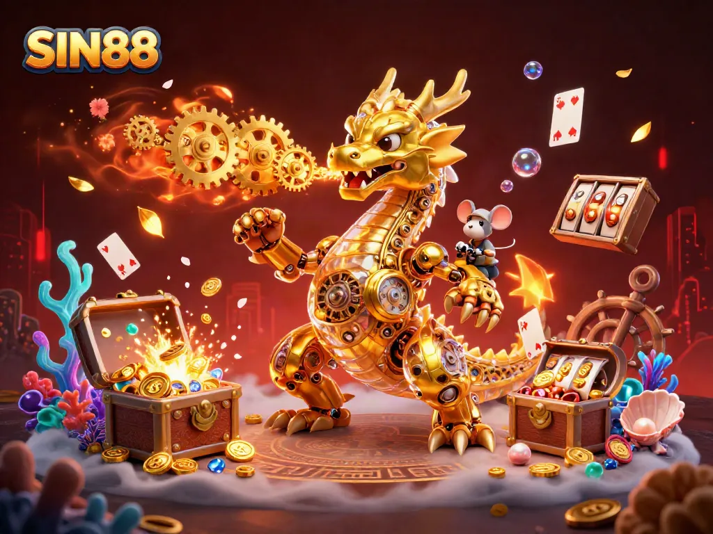 SIN88 showcases a vibrant 3D illustration featuring a mechanical dragon amidst treasure-filled underwater elements, emphasizing casino excitement.