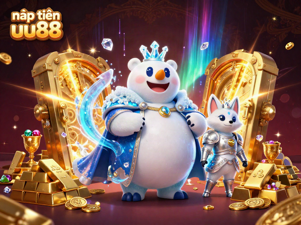 Engage with the thrilling world of nạp tiền uu88, showcasing a cartoon ice king and treasures in an illuminated casino setting.