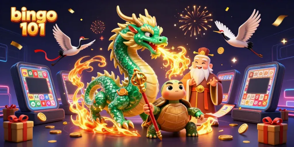 Gambar bingo 101 yang menarik dengan naga serta kebahagiaan bermain bingo di ponsel.