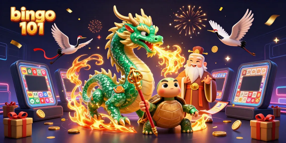 Gambar bingo 101 yang menarik dengan naga serta kebahagiaan bermain bingo di ponsel.
