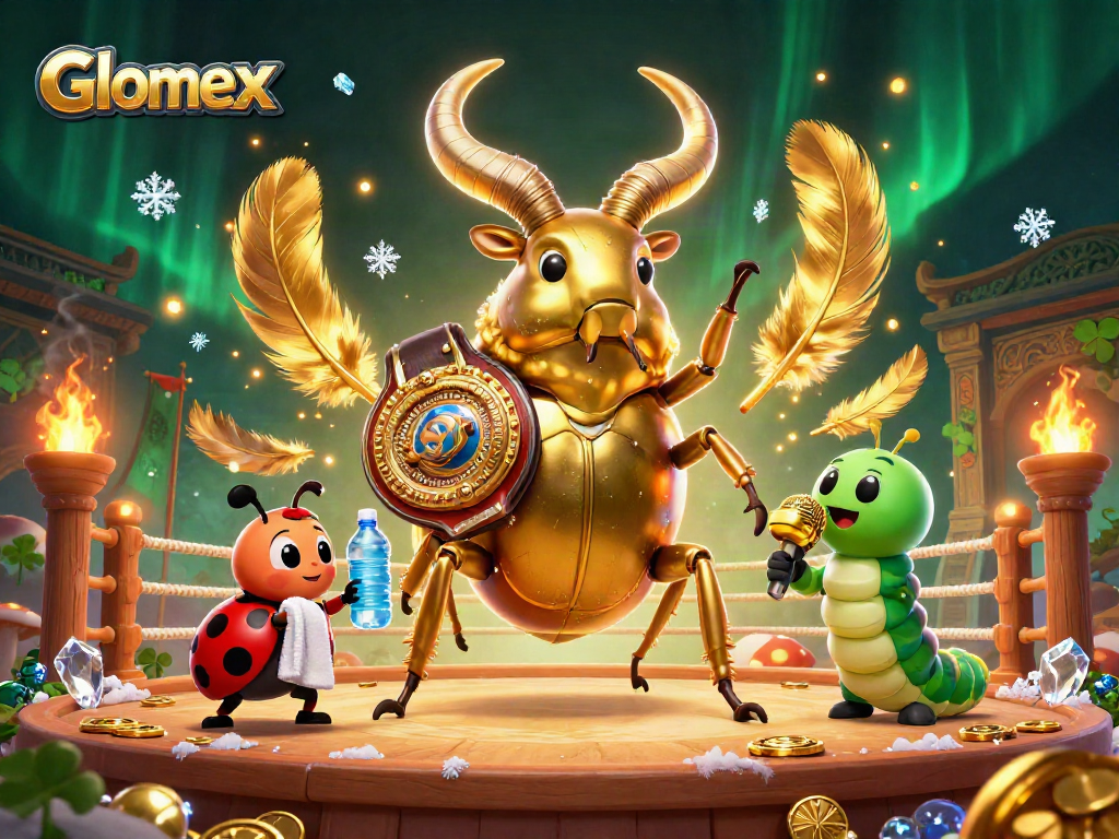 Glomex showcases a vibrant casino scene featuring a giant beetle boxing champion amidst golden coins and dynamic effects.
