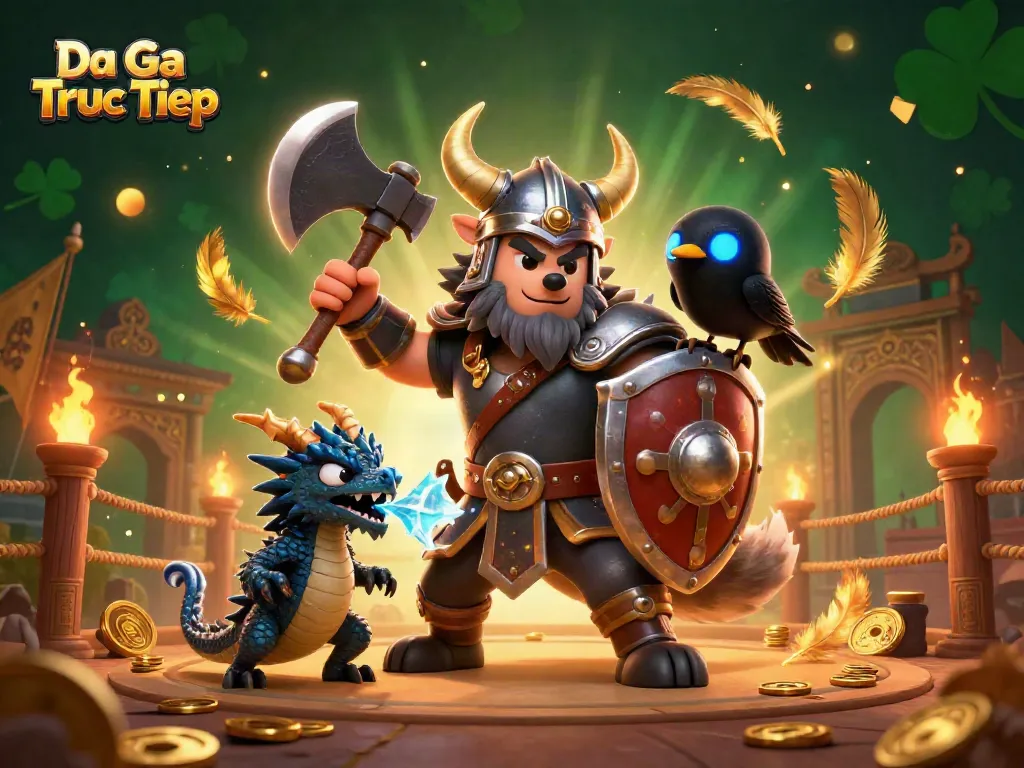 Bet on Da Ga Truc Tiep with vibrant warriors and dragons in a dynamic cockfighting arena.