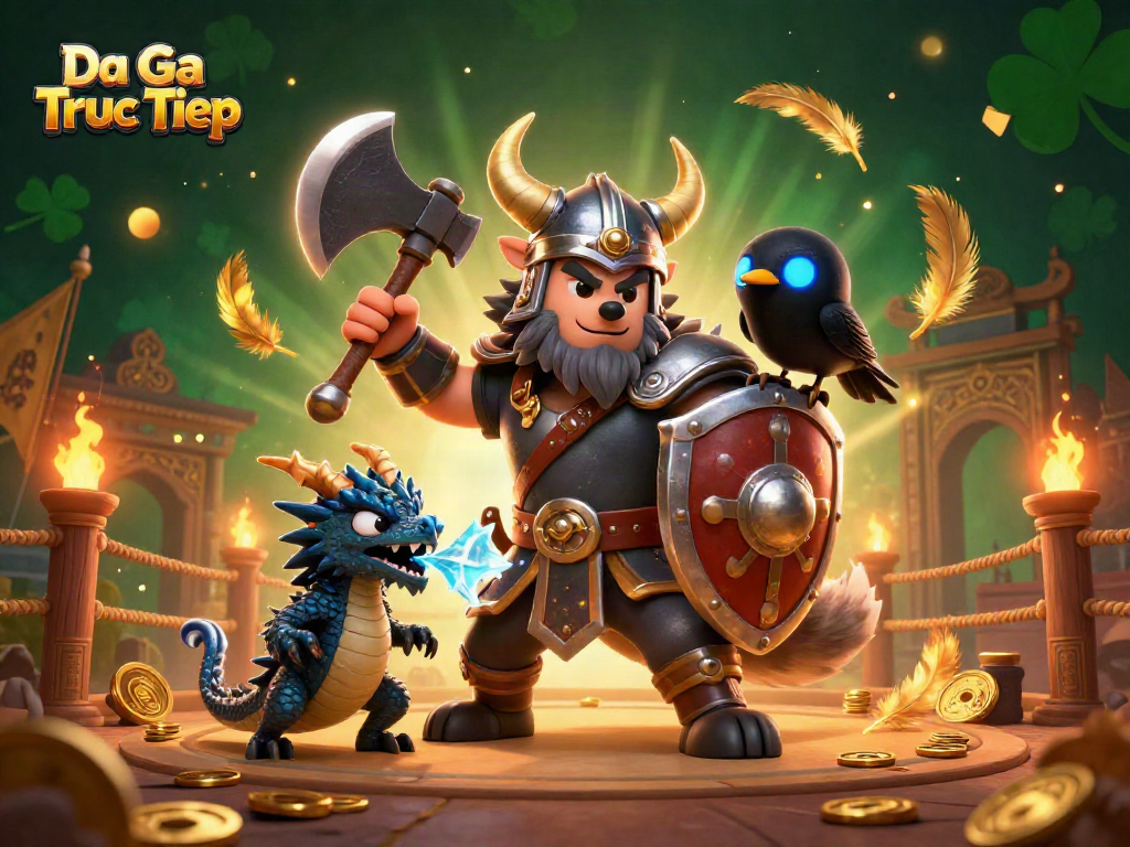 Bet on Da Ga Truc Tiep with vibrant warriors and dragons in a dynamic cockfighting arena.