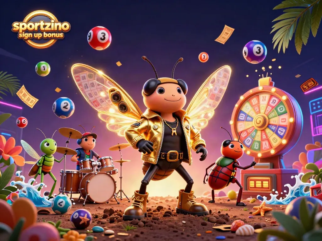 Claim your sportzino sign up bonus with vibrant 3D illustration of a rock star cicada and gaming elements