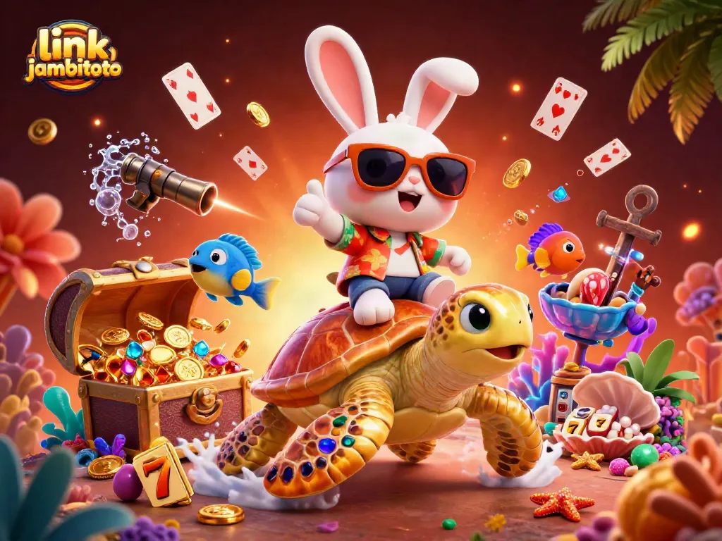 Experience the fun and excitement of link jambitoto with a colorful 3D illustration of a lucky rabbit and golden turtle in a vibrant casino scene.