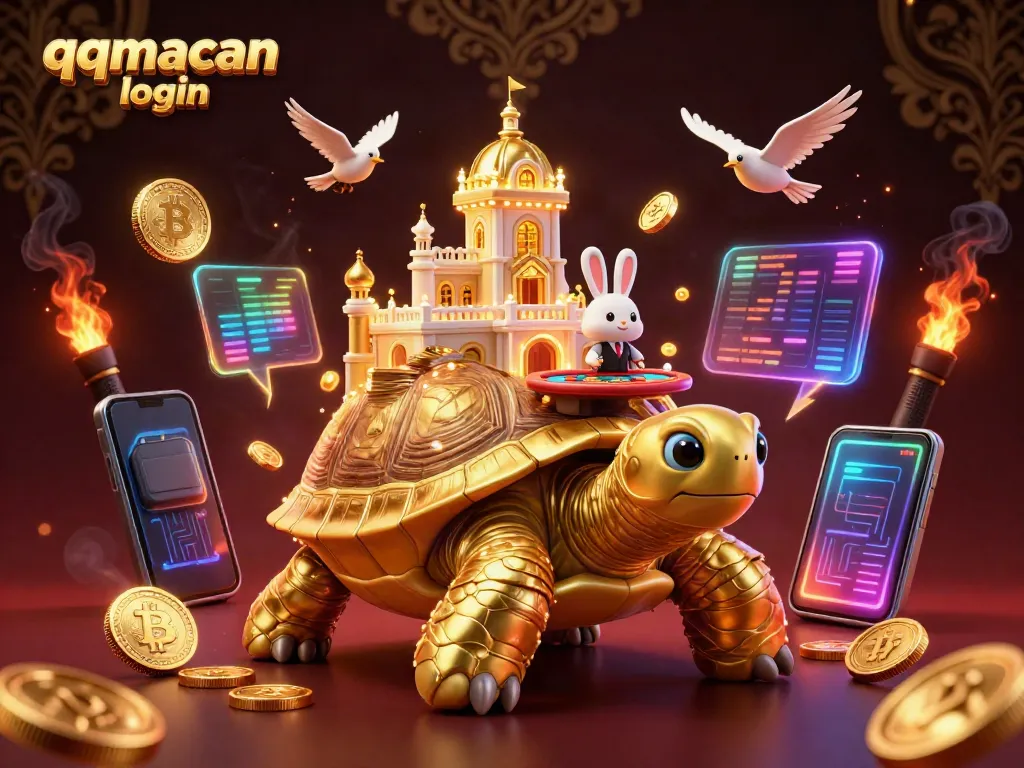 Experience the vibrant world of qqmacan login with a 3D golden tortoise casino illustration showcasing poker action.