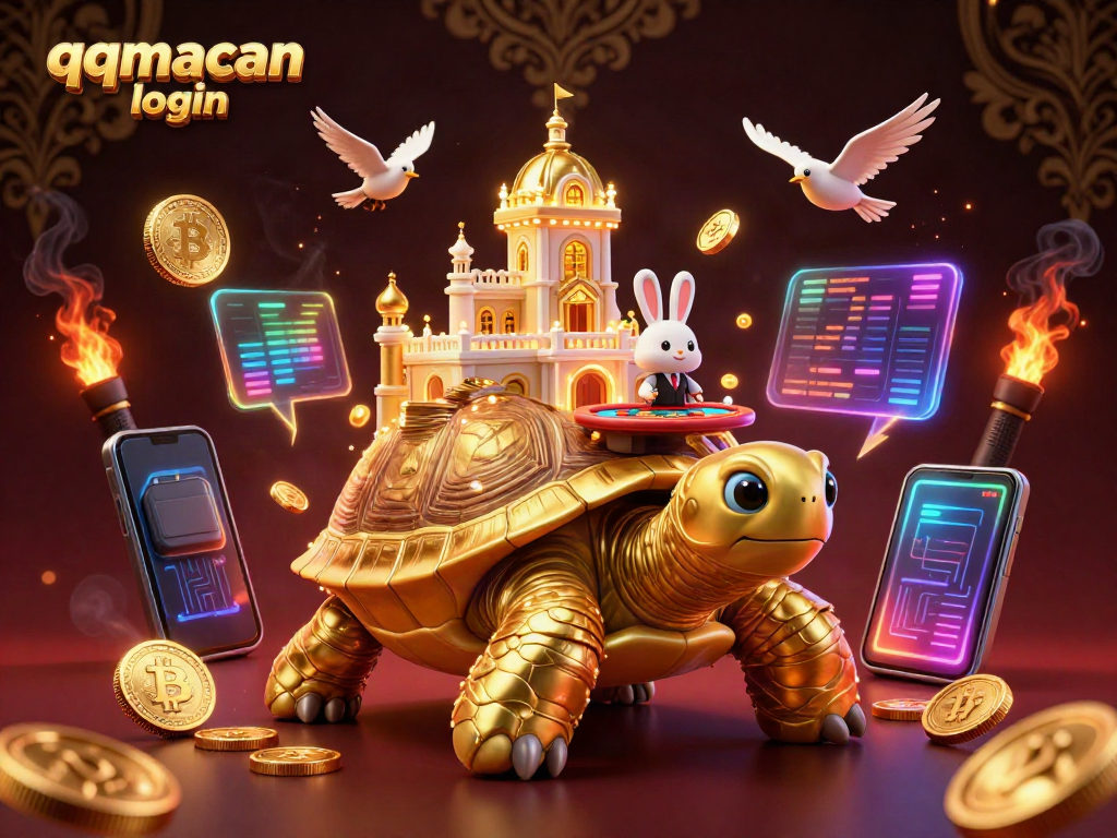 Experience the vibrant world of qqmacan login with a 3D golden tortoise casino illustration showcasing poker action.