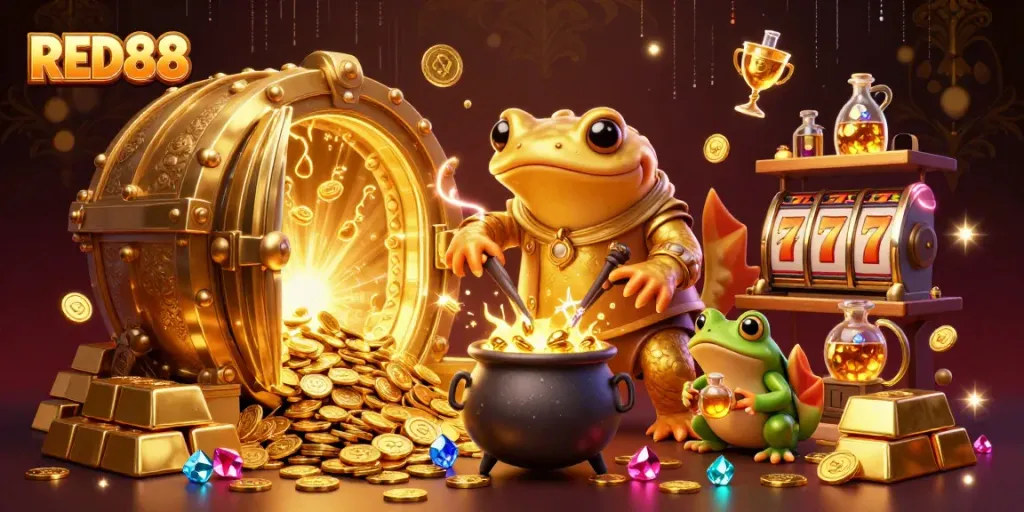 Experience the thrill of winning at RED88 casino with dazzling golden coins, slot reels, and magical creatures.