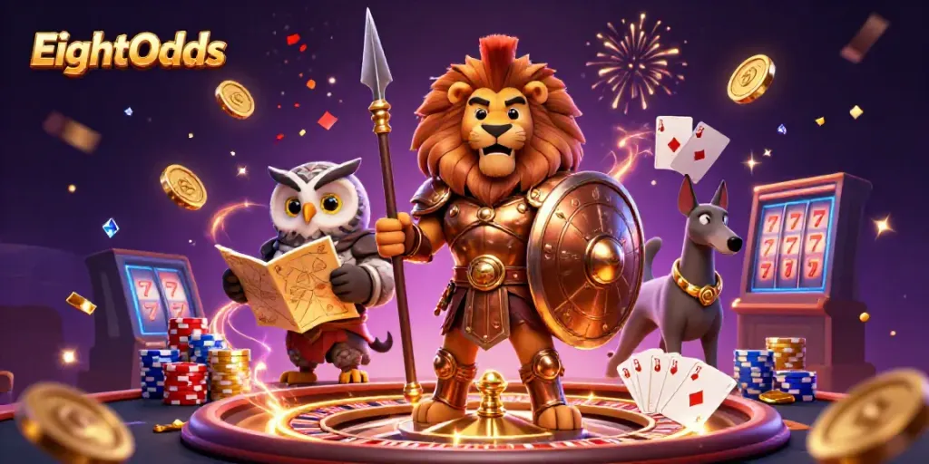 Experience EightOdds' vibrant casino world with a Spartan lion, owl, and greyhound amidst dazzling game elements.