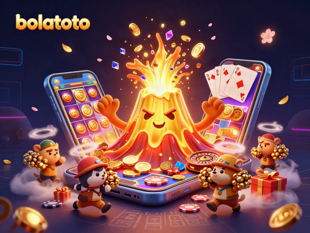 Engage with bolatoto's energetic gaming scene featuring a golden volcano and vibrant slot elements.