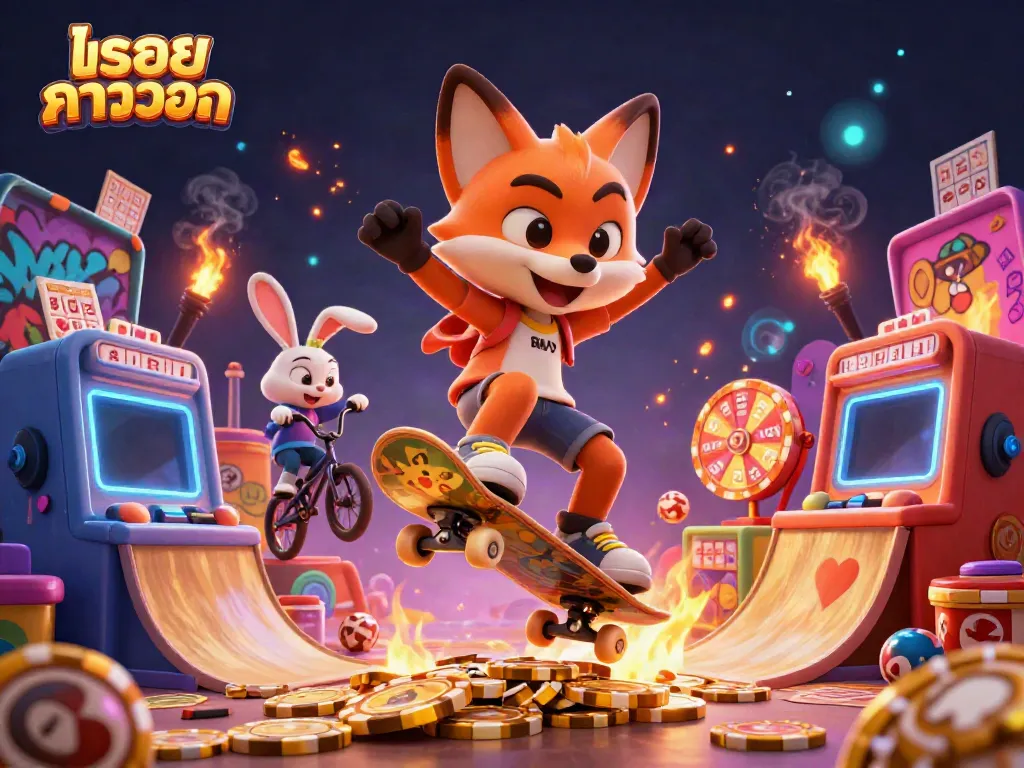 ภาพกราฟิกของหวยลาวออก โดยมีฟ็อกซ์สเก็ตบอร์ดและกระต่าย BMX ทำท่าทางสนุกสนานในฉากคาสิโน