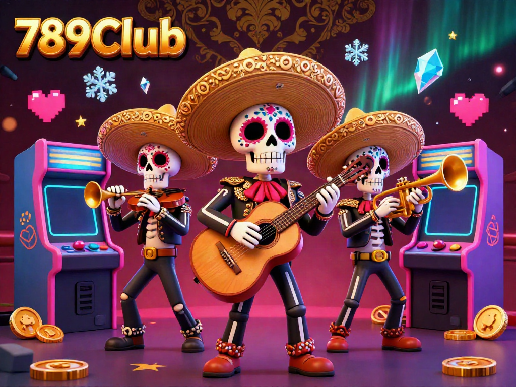 Engage with 789Club through a vibrant 3D illustration featuring a lively mariachi band and gaming elements.