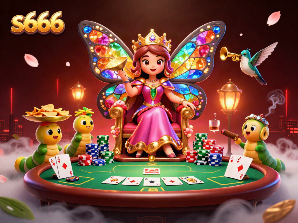 Experience the thrilling s666 casino scene with butterfly queen and poker elements.