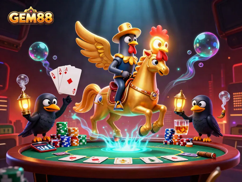 Experience thrilling action at GEM88 with a golden rooster in a dynamic casino setting.