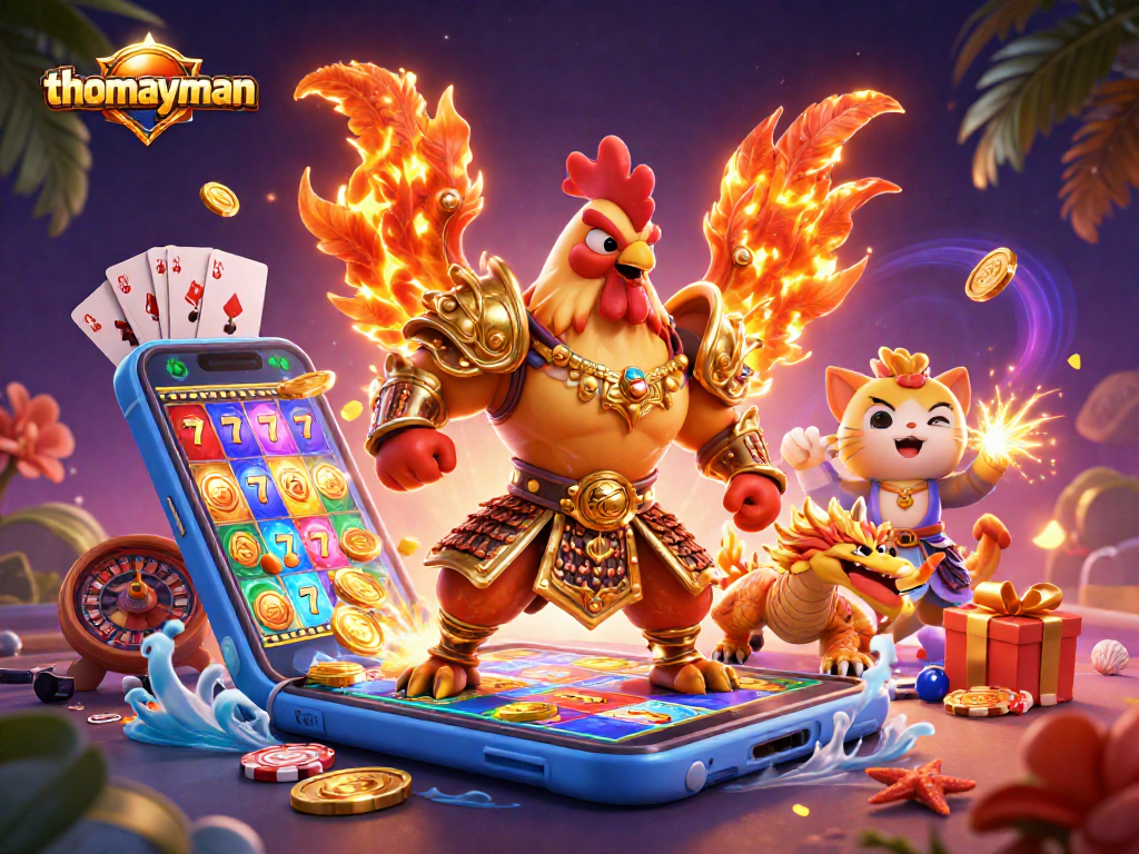 Spin and win at thomayman with vibrant casino elements and dynamic cartoon characters.