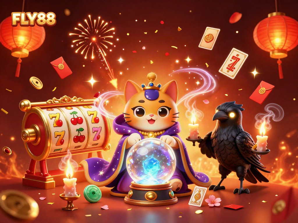 Experience FLY88's vibrant casino scene with mystical characters and engaging gaming elements.