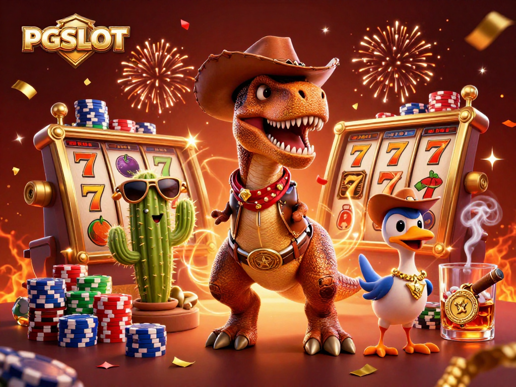 Engage in thrilling PGSLOT adventures with a cowboy dinosaur, cactus sidekick, and roadrunner in a vibrant casino setting.
