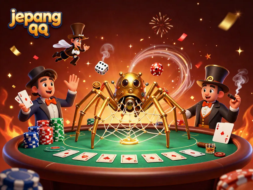 Menang di Jepang QQ: Ilustrasi 3D tentang laba-laba steampunk dengan latar belakang kasino.