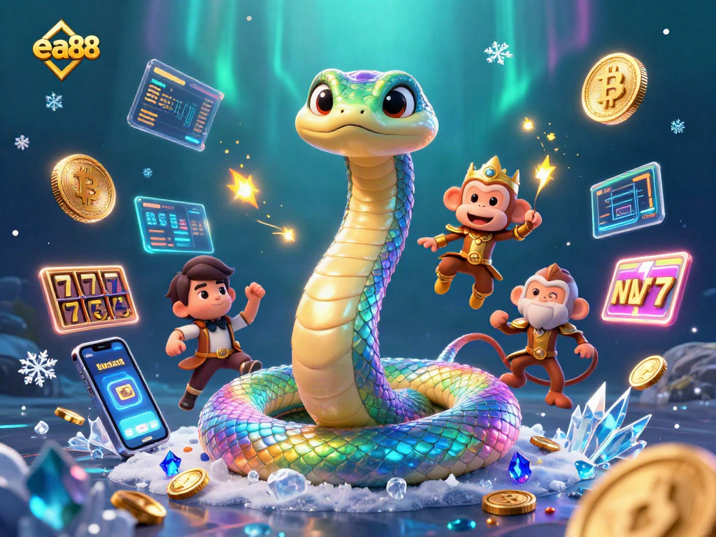 ea88 showcases an enchanting casino scene with a vibrant rainbow serpent, monkey king, and cryptocurrency elements illuminating the design.