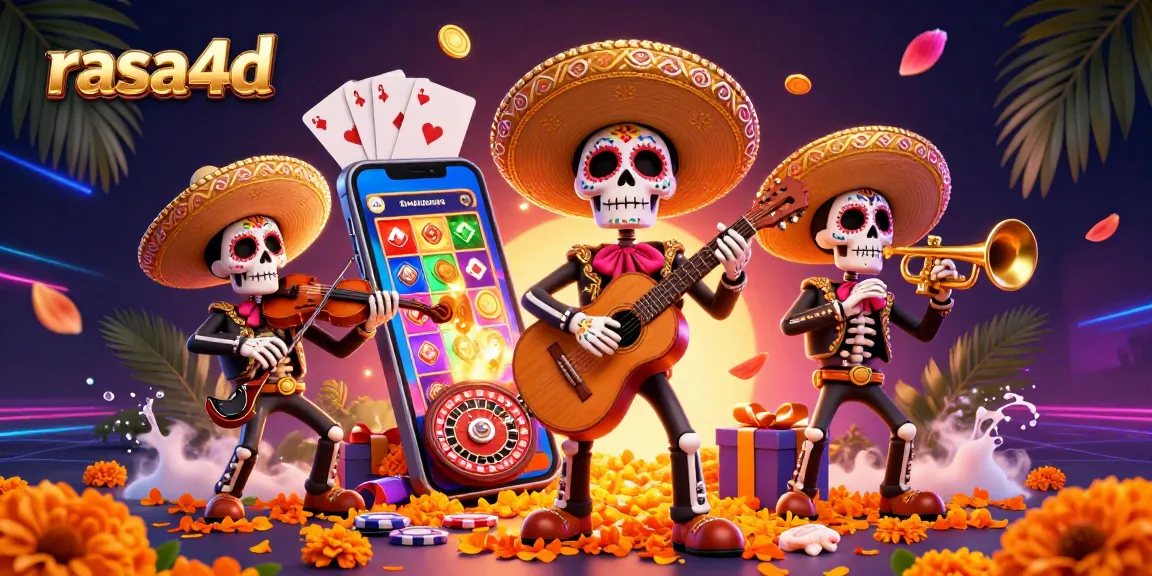 Bermain slot penuh warna dengan rasa4d di smartphone, dikelilingi oleh karakter mariachi.