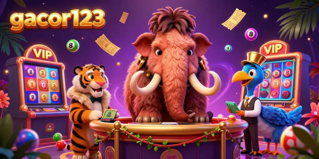 Experience gacor123 excitement with a vibrant casino scene including lively characters and dynamic gaming elements.