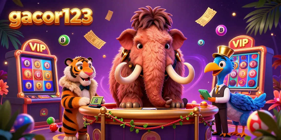 Experience gacor123 excitement with a vibrant casino scene including lively characters and dynamic gaming elements.