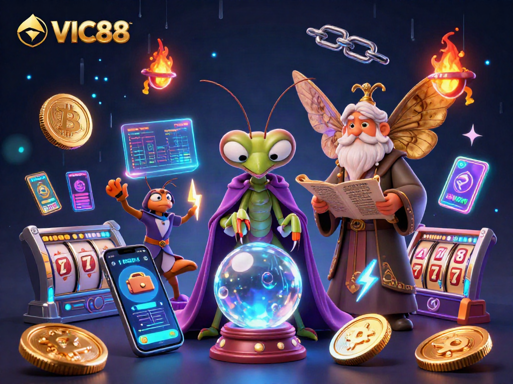 Experience the thrill of VIC88's casino games with vibrant illustrations of slots, fortune tellers, and digital currencies.