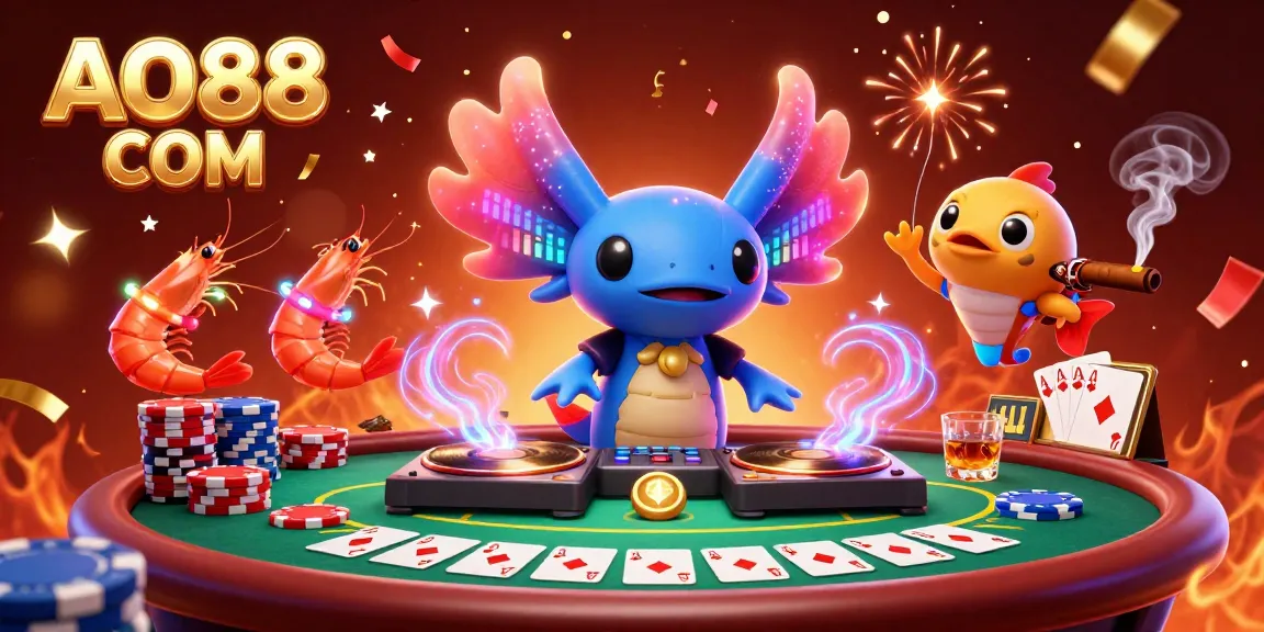 Engage with AO88 COM in an underwater casino realm featuring a neon axolotl DJ and vibrant dancing sea creatures.