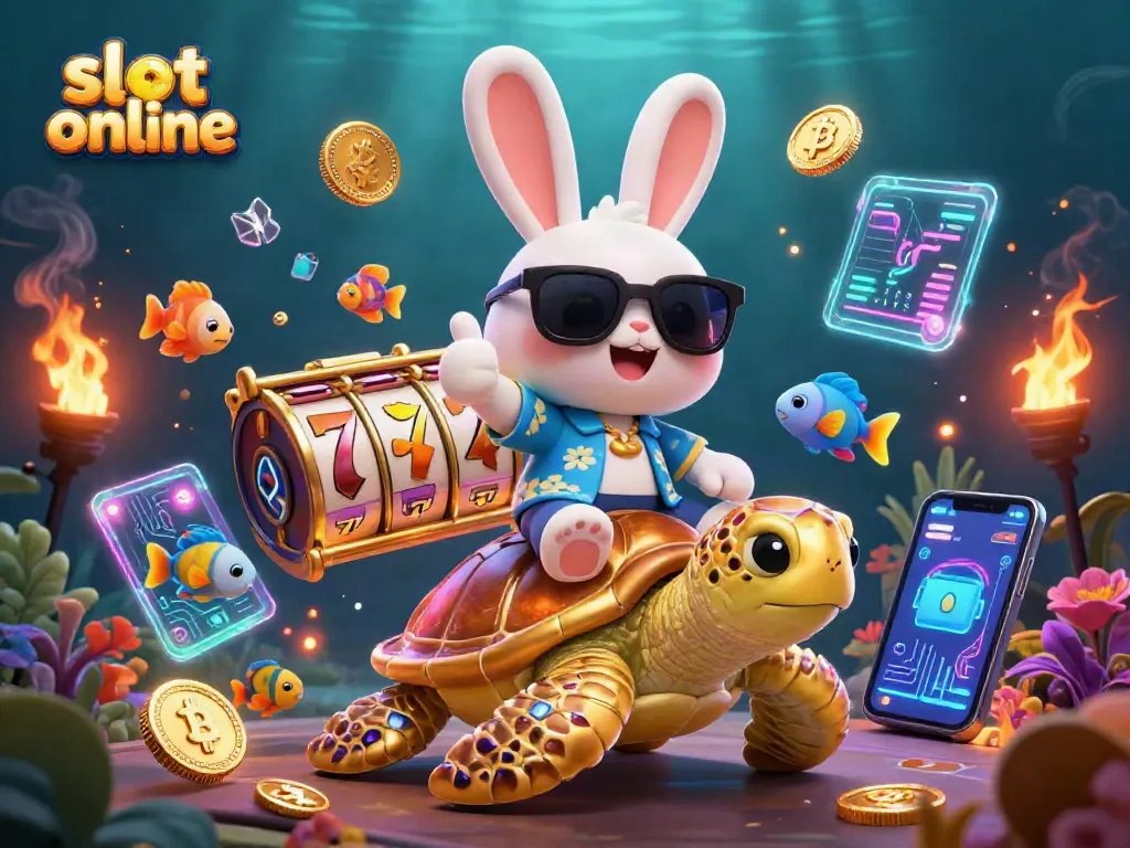 Experience the thrill of slot online with vibrant slot reels and characters in a captivating underwater scene.