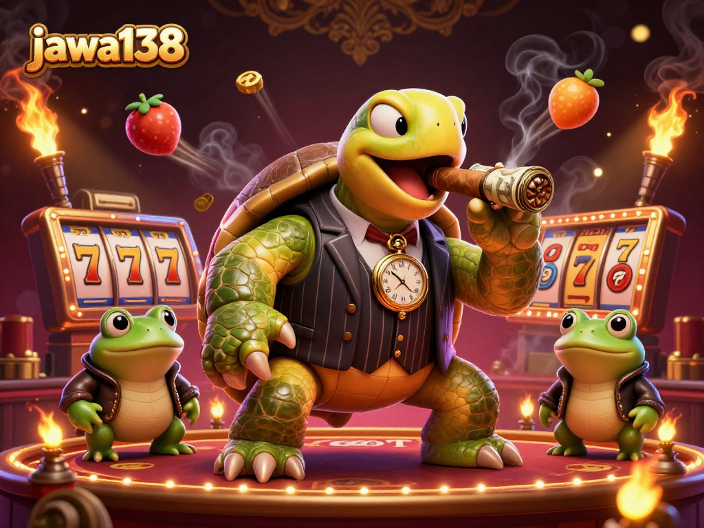 Experience thrill at jawa138 with an energetic scene of a turtle mobster and bullfrog enforcers amid vibrant slots.