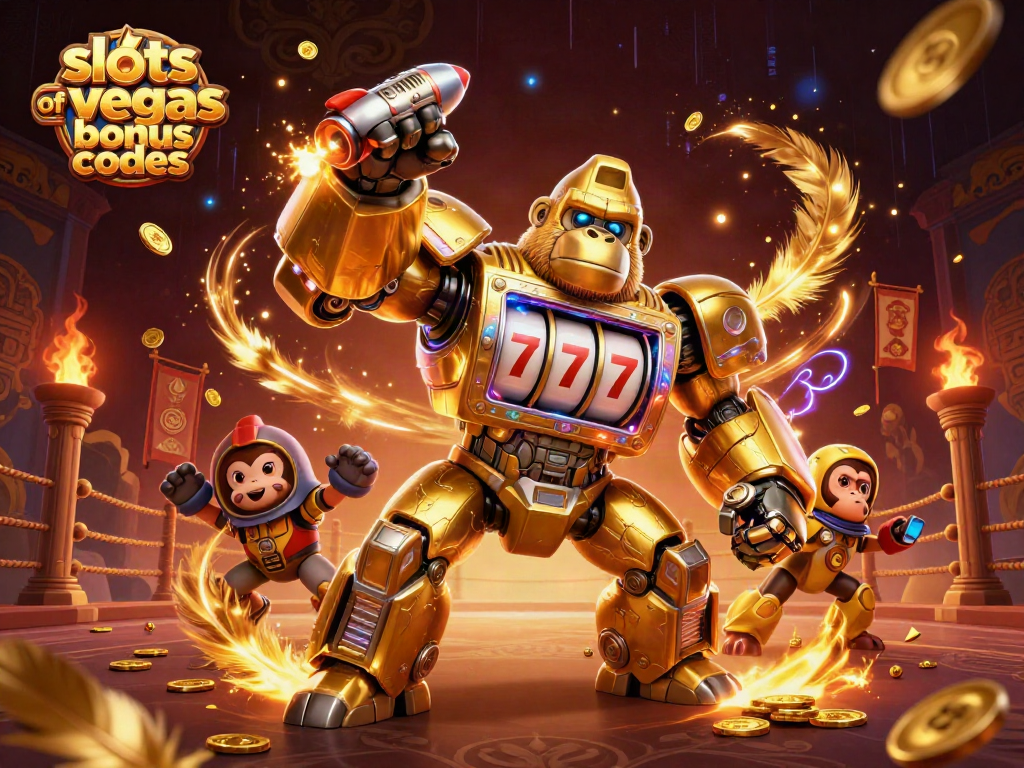 Engage with exclusive slots of vegas bonus codes in this vibrant casino illustration showcasing a winning gorilla mech.