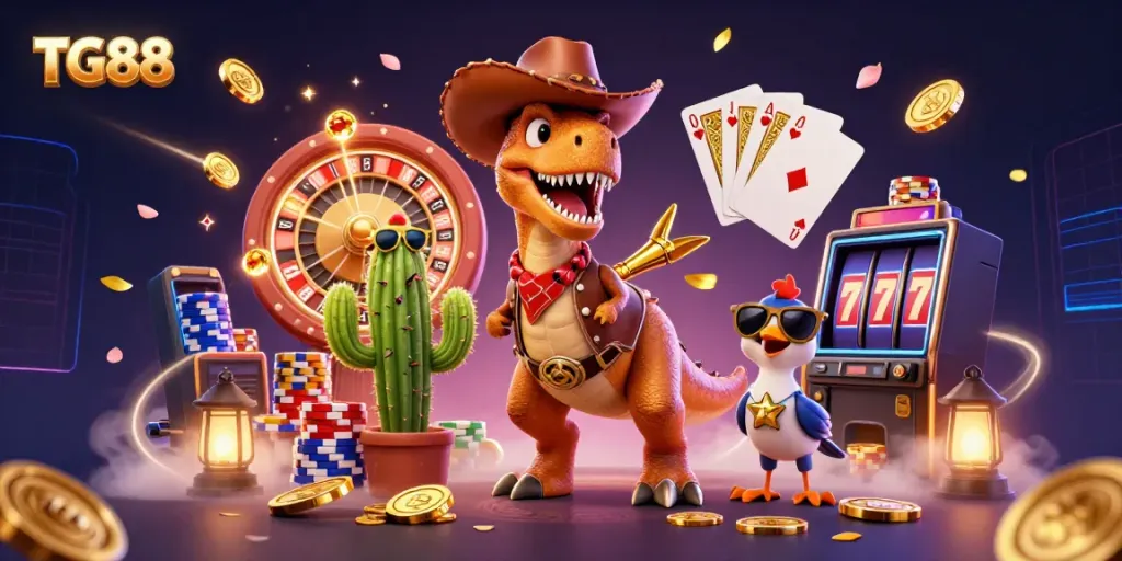 Experience vibrant casino action with TG88 as a 3D cartoon dinosaur celebrates huge wins with coins and gems.