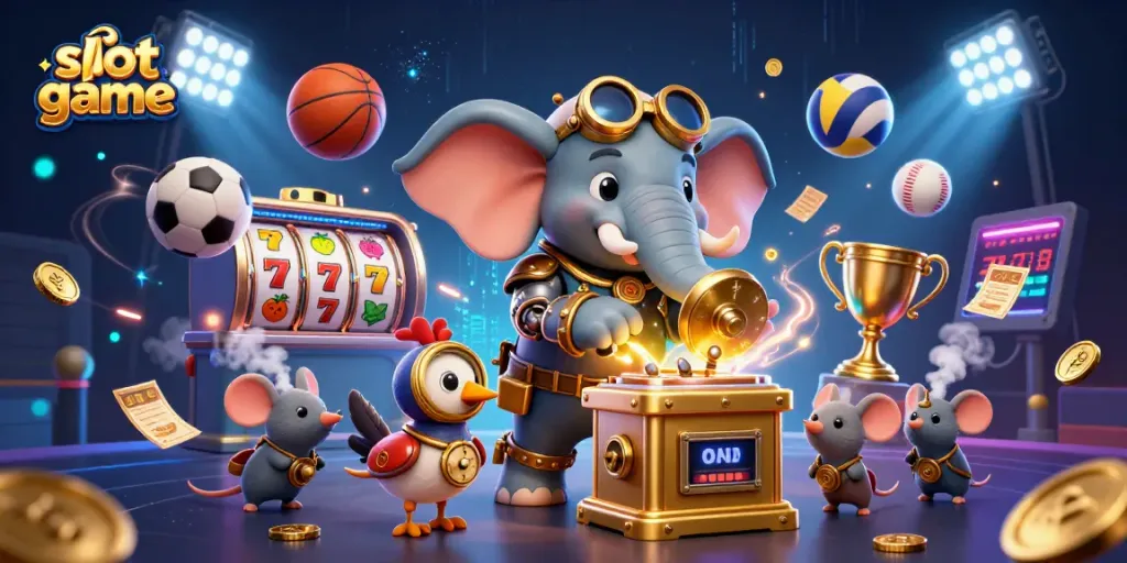 Engage in dynamic slot game action with a steampunk elephant engineer and golden slot machine, enhanced with vibrant elements.