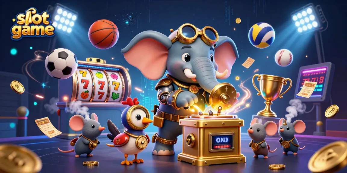 Engage in dynamic slot game action with a steampunk elephant engineer and golden slot machine, enhanced with vibrant elements.