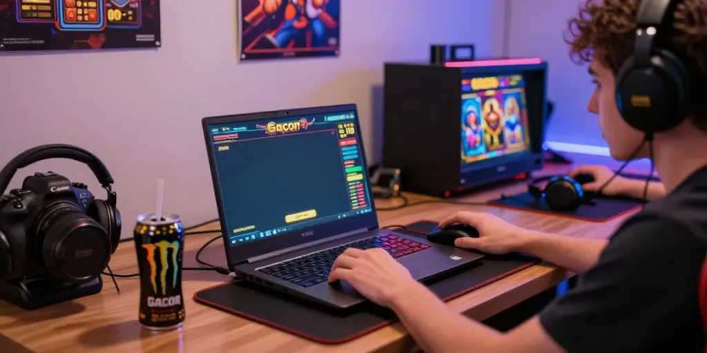 Engaging player at a situs slot gacor Thailand game on laptop with vibrant graphics.
