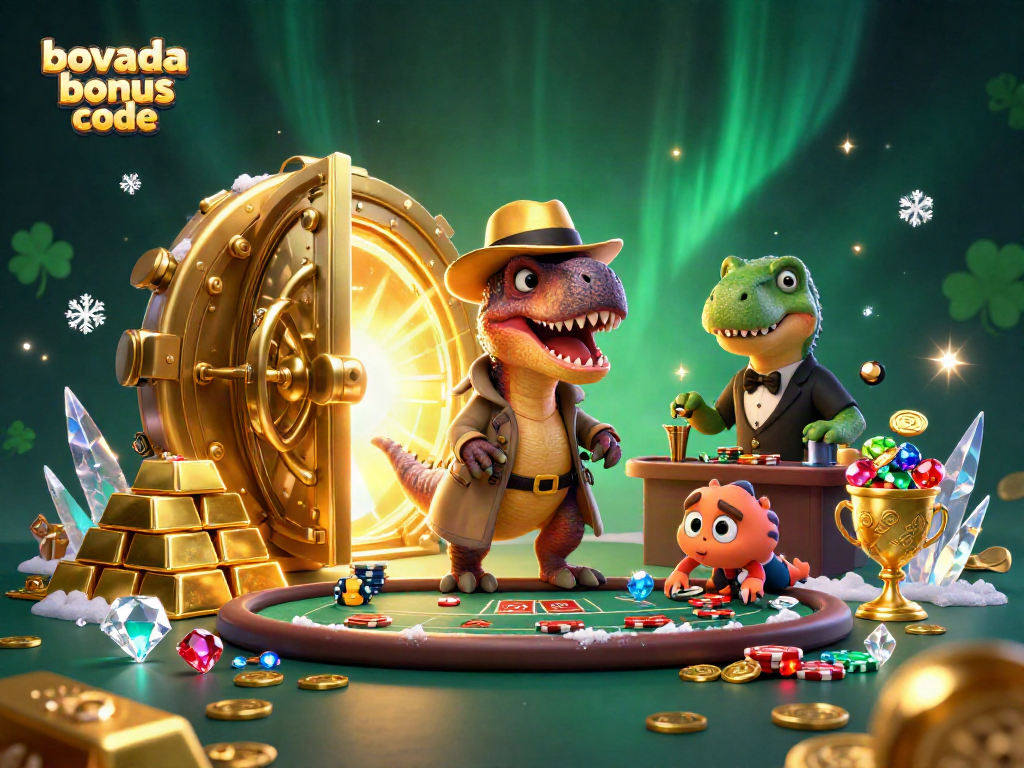 Bovada bonus code offers thrilling gaming action with a velociraptor card counter at a blackjack table, surrounded by treasures.