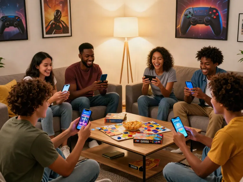Friends enjoying the Yono Arcade app in a cozy living room filled with games and laughter.