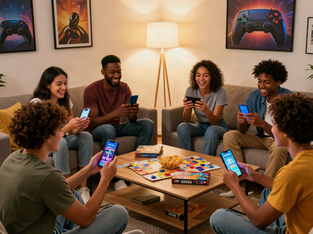 Friends enjoying the Yono Arcade app in a cozy living room filled with games and laughter.