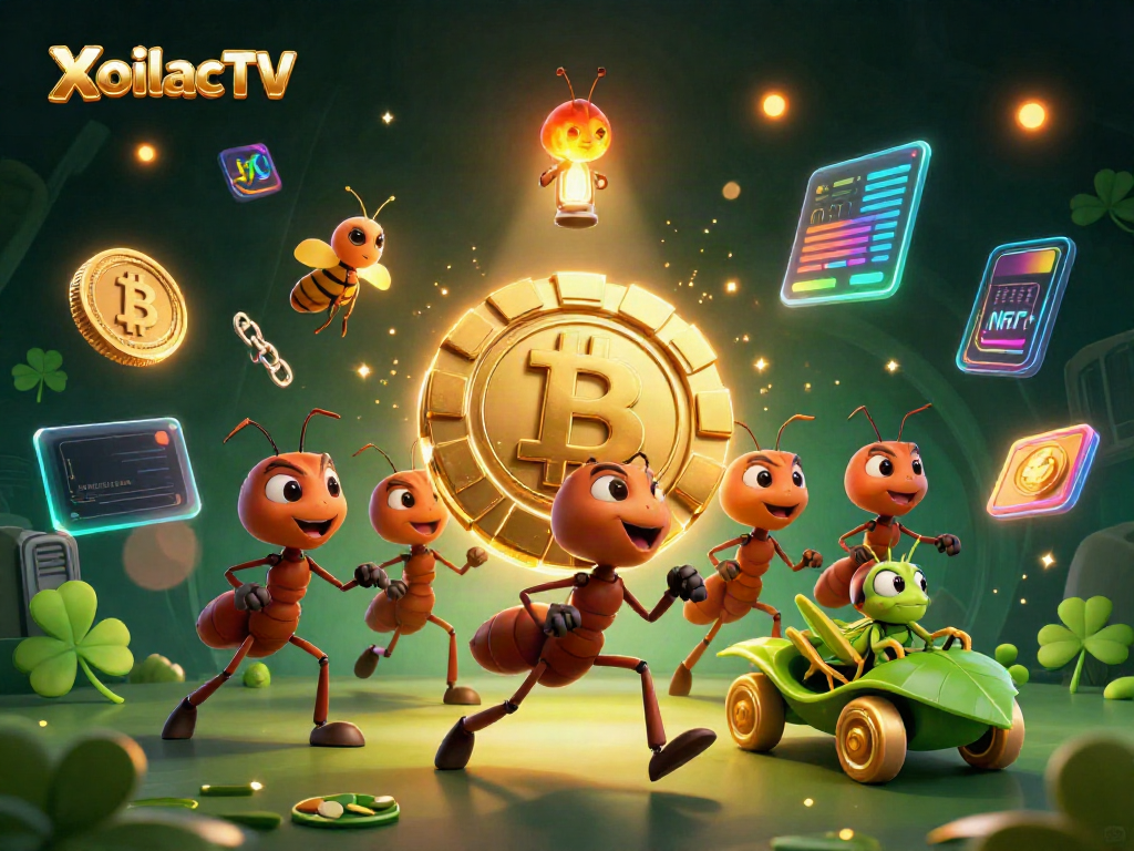 Experience the dynamic world of XoilacTV as cartoon ants carry a giant poker chip amidst crypto elements.