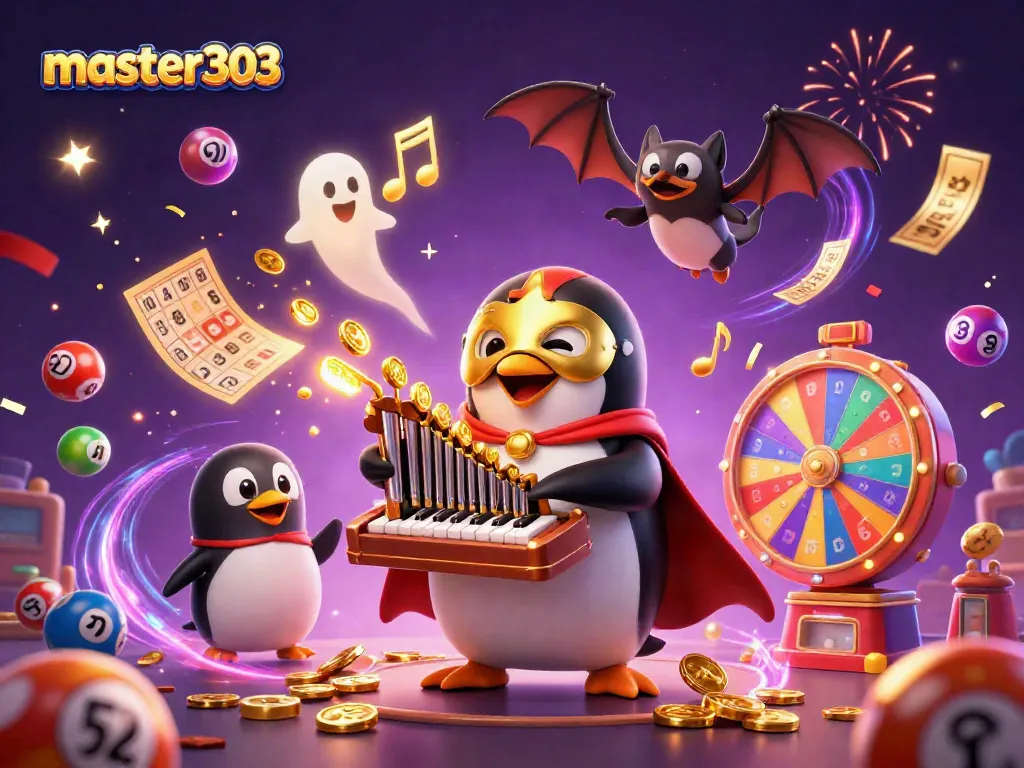 Master303 menampilkan penguin fantom kartun bermain organ pipa yang mengeluarkan koin, dikelilingi bola lotere berwarna.